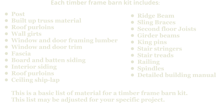 Each timber frame barn kit includes:      •	Post •	Built up truss material •	Roof purloins •	Wall girts •	Window and door framing lumber •	Window and door trim •	Fascia  •	Board and batten siding •	Interior siding •	Roof purloins •	Ceiling ship-lapThis is a basic list of material for a timber frame barn kit. This list may be adjusted for your specific project.        •	Ridge Beam •	Sling Braces •	Second floor Joists •	Girder beams •	King pins •	Stair stringers •	Stair treads •	Railing •	Spindles •	Detailed building manual