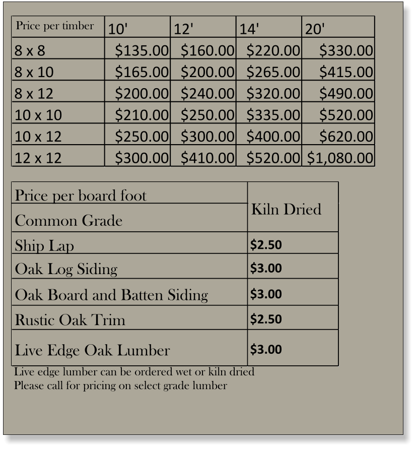 10' 12' 14' 20' 8 x 8 $135.00 $160.00 $220.00 $330.00 8 x 10 $165.00 $200.00 $265.00 $415.00 8 x 12 $200.00 $240.00 $320.00 $490.00 10 x 10 $210.00 $250.00 $335.00 $520.00 10 x 12 $250.00 $300.00 $400.00 $620.00 12 x 12 $300.00 $410.00 $520.00 $1,080.00 Price per board foot Common Grade Ship Lap $2.50  Oak Log Siding $3.00  Oak Board and Batten Siding $3.00  Rustic Oak Trim $2.50  Live Edge Oak Lumber $3.00  Kiln Dried Live edge lumber can be ordered wet or kiln dried Please call for pricing on select grade lumber Price per timber