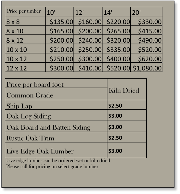 10' 12' 14' 20' 8 x 8 $135.00 $160.00 $220.00 $330.00 8 x 10 $165.00 $200.00 $265.00 $415.00 8 x 12 $200.00 $240.00 $320.00 $490.00 10 x 10 $210.00 $250.00 $335.00 $520.00 10 x 12 $250.00 $300.00 $400.00 $620.00 12 x 12 $300.00 $410.00 $520.00 $1,080.00 Price per board foot Common Grade Ship Lap $2.50  Oak Log Siding $3.00  Oak Board and Batten Siding $3.00  Rustic Oak Trim $2.50  Live Edge Oak Lumber $3.00  Kiln Dried Live edge lumber can be ordered wet or kiln dried Please call for pricing on select grade lumber Price per timber